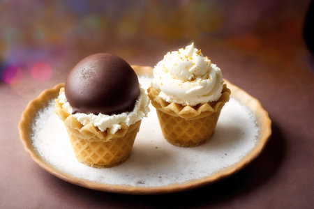 Vanilla ice cream in waffle cone with chocolate on colorful backgroundの素材