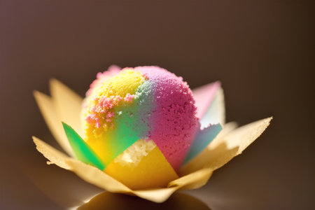 ice cream with rainbow colors in paper cup on dark background, close upの素材