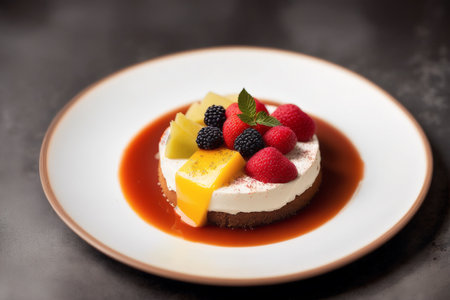 Panna cotta with fresh berries and mango sauce on dark backgroundの素材