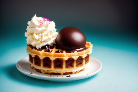 Belgian waffle with whipped cream and chocolate egg on blue backgroundの素材
