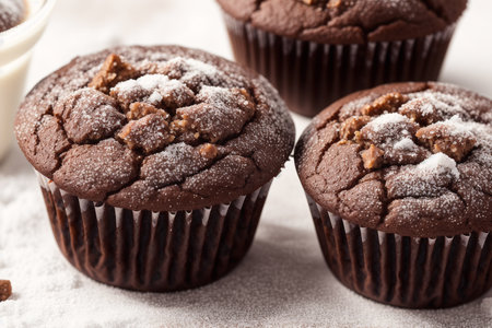 Chocolate muffins sprinkled with powdered sugar on a light background.の素材