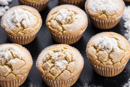 Muffins with powdered sugar on a black background. Selective focus.の素材