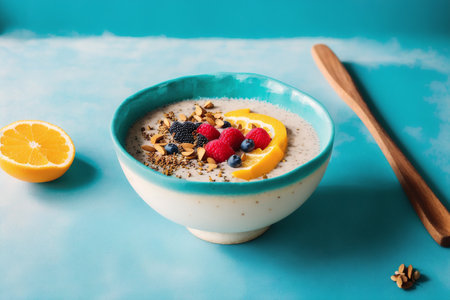 Healthy breakfast bowl with oatmeal, berries and chia seeds on blue backgroundの素材
