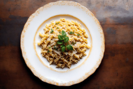 Pasta with pesto sauce in a white plate on a wooden tableの素材