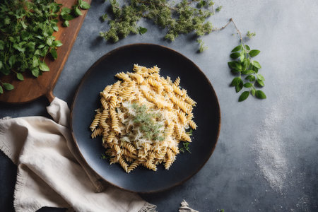 Fusilli pasta with pesto sauce, basil and parmesan cheeseの素材