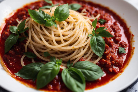 Spaghetti with bolognese sauce and basil, closeupの素材