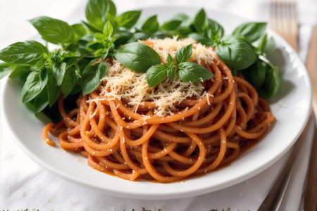 Spaghetti with tomato sauce and parmesan on plate, closeupの素材