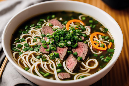 Japanese miso ramen noodle soup with beef and spring onionの素材