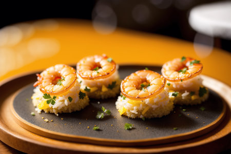 Seafood risotto with shrimps on black plate.の素材