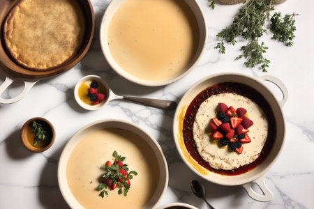 Creamy souffle with berries in bowlsle tableの素材