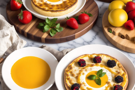 Cheesecake with berries and egg yolk on white marble backgroundの素材