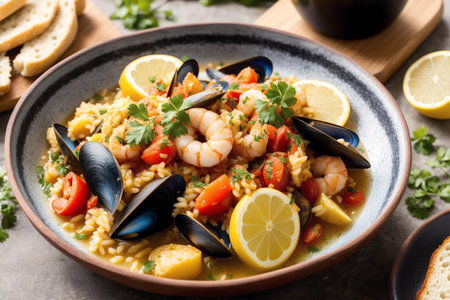 Seafood paella with prawns, mussels and tomatoesの素材