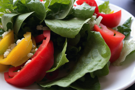 Salad with red and yellow bell pepper, lettuce and feta cheeseの素材