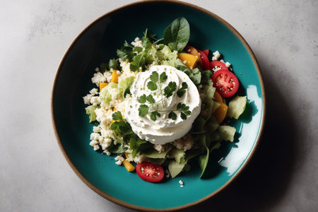 Greek salad with feta cheese, cherry tomatoes and herbs. Healthy food conceptの素材