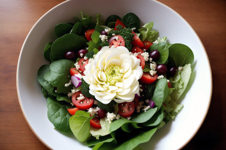 Fresh vegetable salad with feta cheese, cherry tomatoes and green leavesの素材