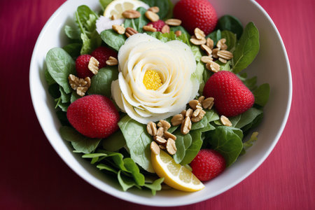 Strawberry and spinach salad with lemon in a bowl on a red backgroundの素材
