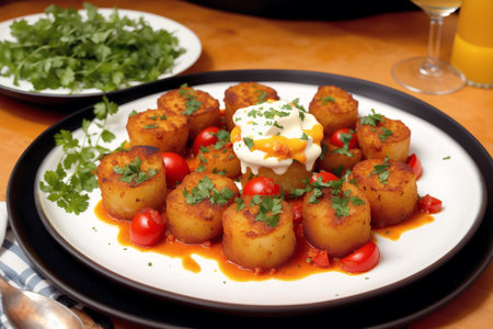 Fried scallops with sauce and parsley on a plateの素材