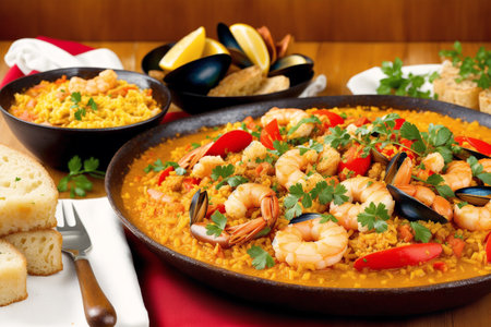 Seafood paella with shrimps and mussels in a panの素材