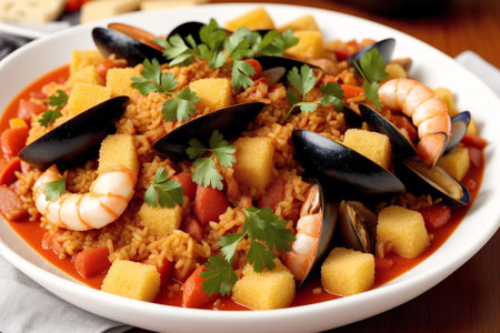 Seafood paella with shrimp, mussels and squid in tomato sauceの素材