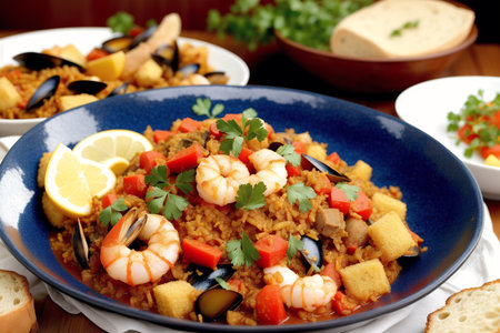 Spanish paella with shrimps, musselspus and vegetablesの素材