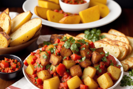 Fried potatoes with salsa in a plate on a wooden table.の素材