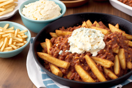 French fries with melted cheese and sour cream in a cast iron skilletの素材