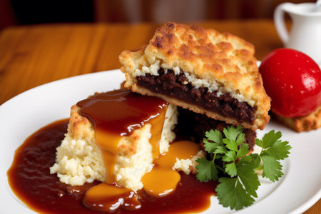 Piece of beef pie with mashed potatoes on a white plate.の素材