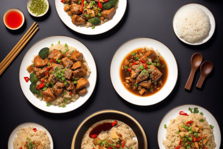 Chinese cuisine, Stir-fried chicken with vegetables and rice on black backgroundの素材