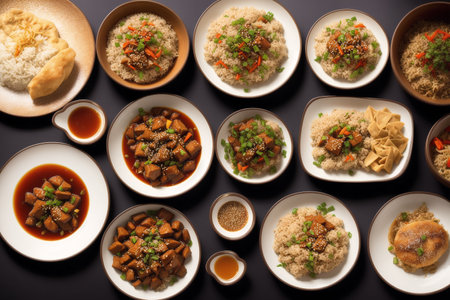 Top view of various oriental dishes on a black background. Chinese cuisine.の素材