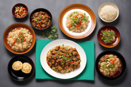 Chinese cuisine. Stir-fried pork with rice and vegetables on black backgroundの素材