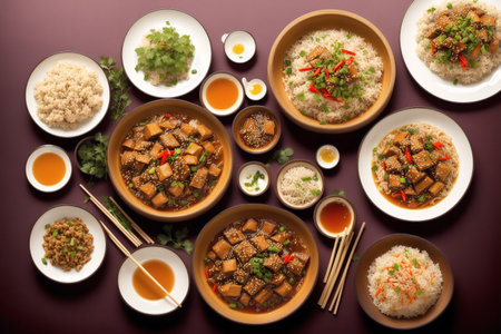 Top view of various Chinese food in bowls on a dark background.の素材