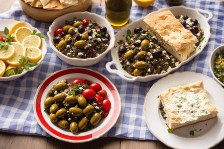 Assorted olives with feta cheese in bowls. Selective focus.の素材