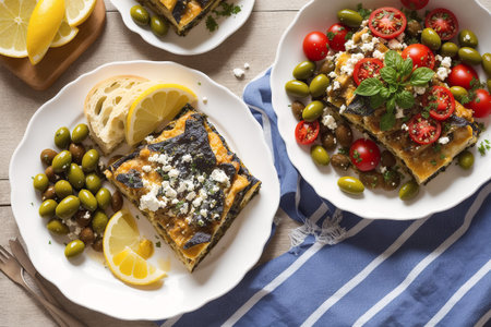 Baked aubergine with feta cheese, olives and tomatoesの素材