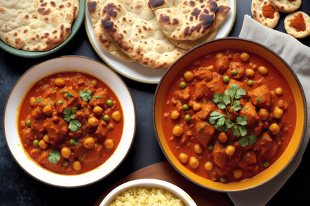 Variety of Indian food including curry, chickpeas, rice and breadの素材