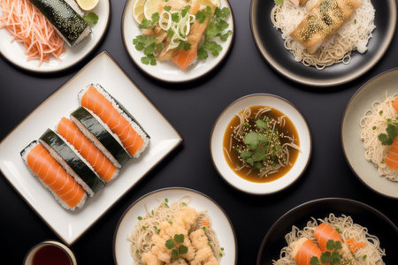 Japanese food set on a black background. Sushi, rolls, ginger, wasabi and soy sauceの素材