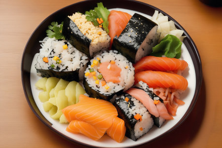 Japanese food - Sushi and rolls on a plate with chopsticksの素材