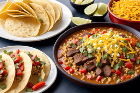 Traditional mexican beef tacos served with guacamole and salsaの素材