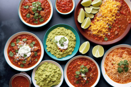 Close up of a group of mexican food including chili con carneの素材
