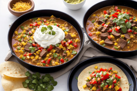 Traditional mexican food with beef and vegetables in bowl on tableの素材