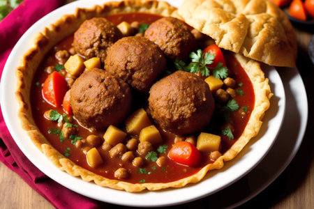 Tasty curry with meatballs and chickpeas in a bowlの素材