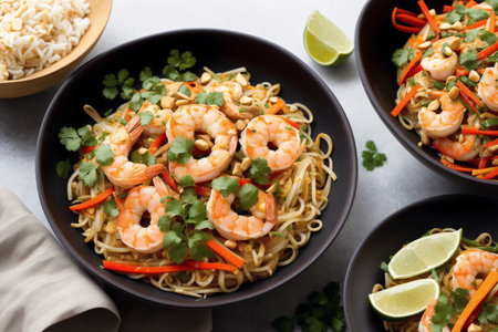 Stir fry noodles with shrimps and vegetables in black bowlの素材