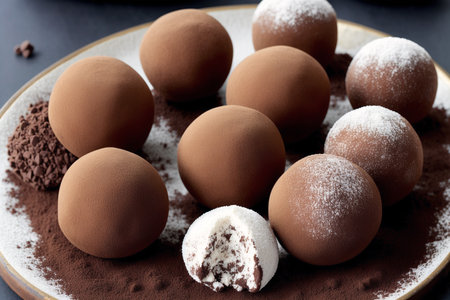 Chocolate truffles on a plate, close-up, horizontalの素材