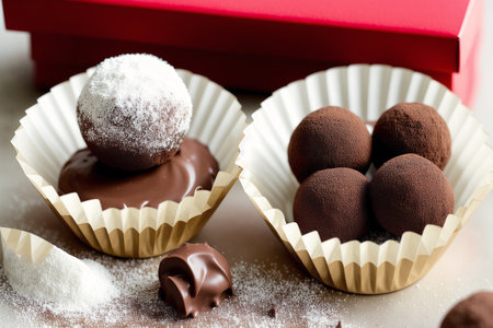 Chocolate truffles in paper cups on a white background.の素材