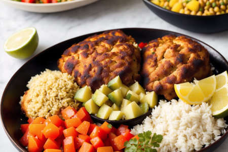 Bowls of vegetarian chickpea patties with rice and vegetablesの素材