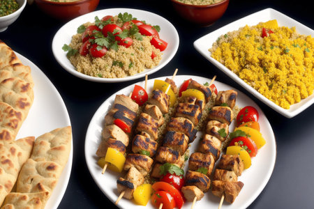 Couscous and chicken kebabs served on skewersの素材
