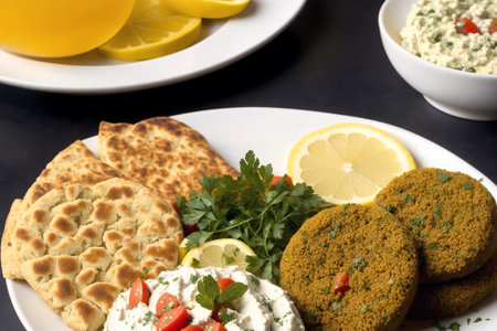 Falafel with tzatziki, lemon and parsleyの素材