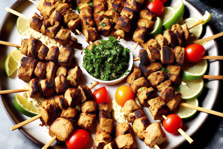 Chicken tikka kebab on skewers with lime and parsleyの素材