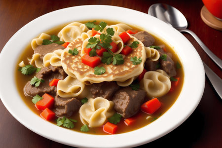 Tortellini with meat and vegetables in bowl on sackclothの素材
