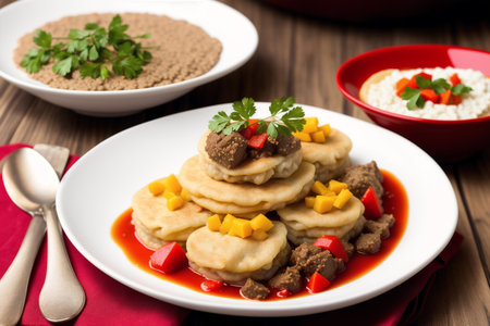 Pancakes with meat and vegetables on a wooden background. Selective focus.の素材