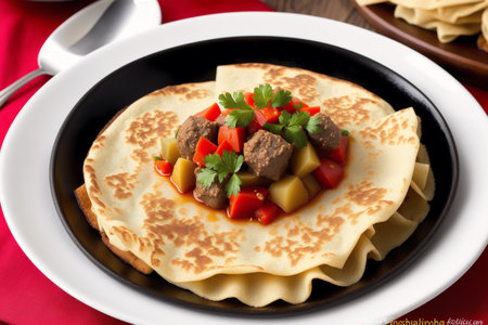 Pancakes with meat and vegetables in a black plate on a wooden tableの素材